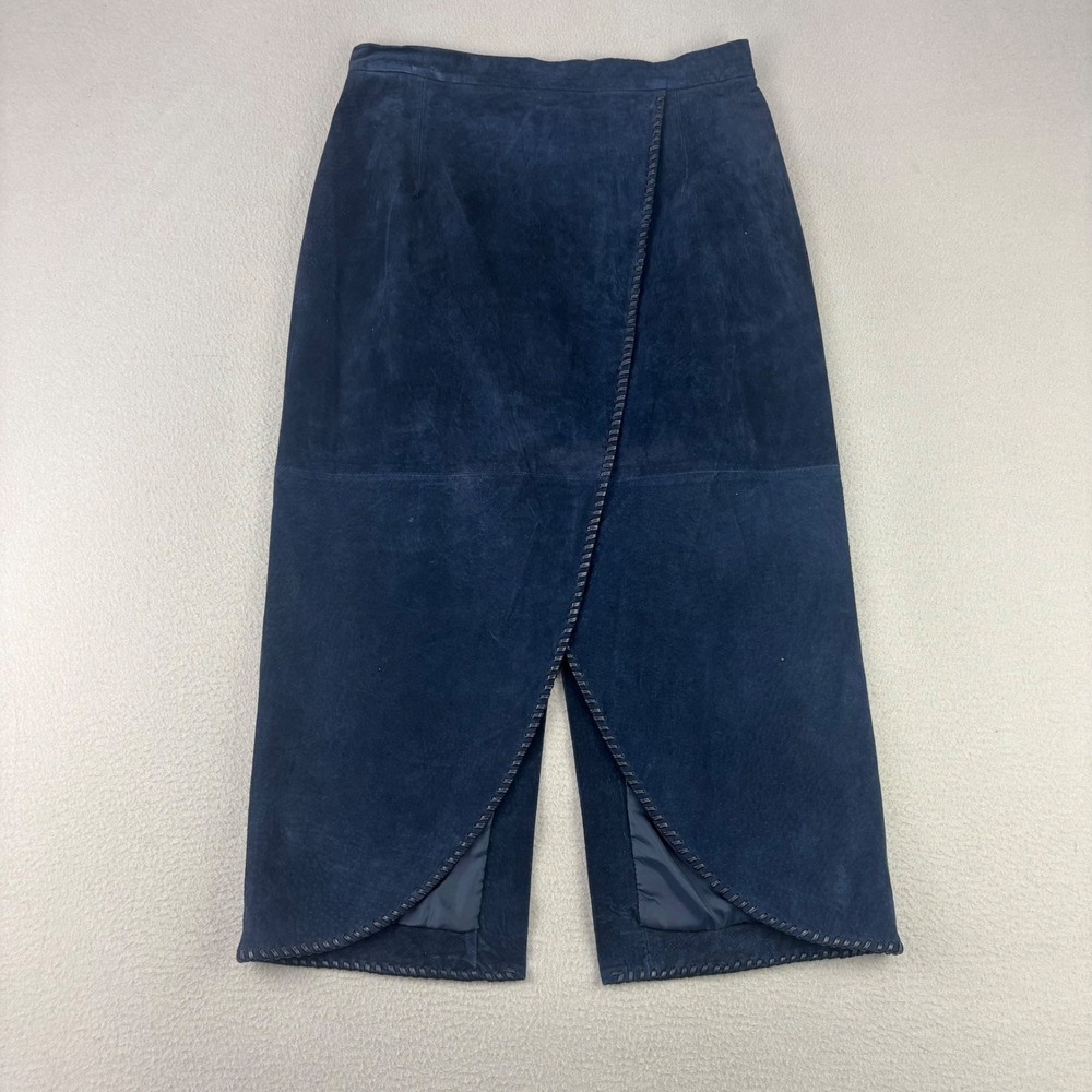 VTG Margaret Godfrey Suede Wrap Skirt Women 10 Navy Blue Western Whipstitch Midi